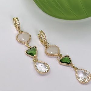 Green Clear Ivory Glass Gold Trim White Rhinestone Gold Handmade Dangle Earrings